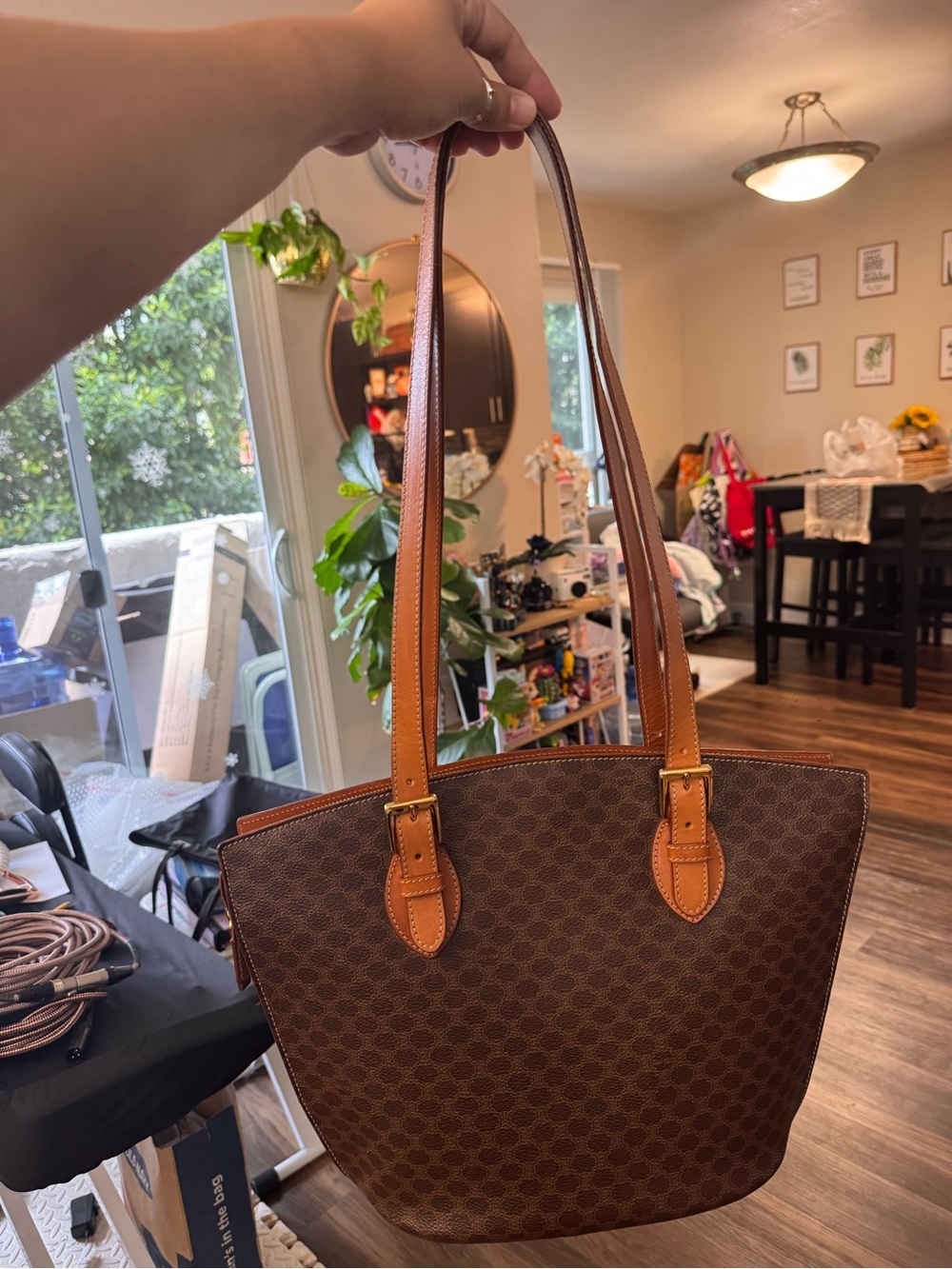 Brown Patterned Tote with Tan Leather Straps
